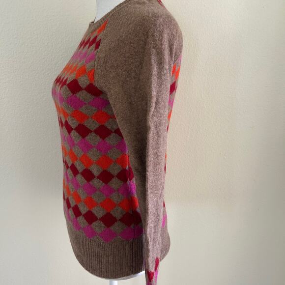 J Crew Sweater Pullover 100% Lambs Wool Brown Multi Diamond Pattern SZXXS - Picture 3 of 12
